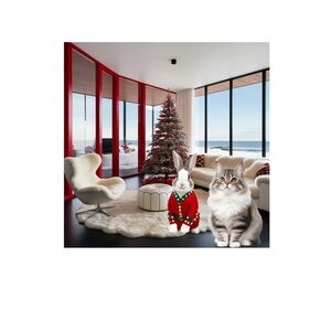 HANDCRAFTED digital art Holiday Red Pet Sweater in a decorated festive space NWT